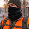 Finvizo hunting gaiters guide showing a black fleece neck warmer with blaze-orange hunting visibility gear