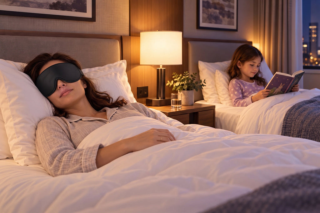 Finvizo adult 3D eye mask in a family travel setting - kids sleep mask
