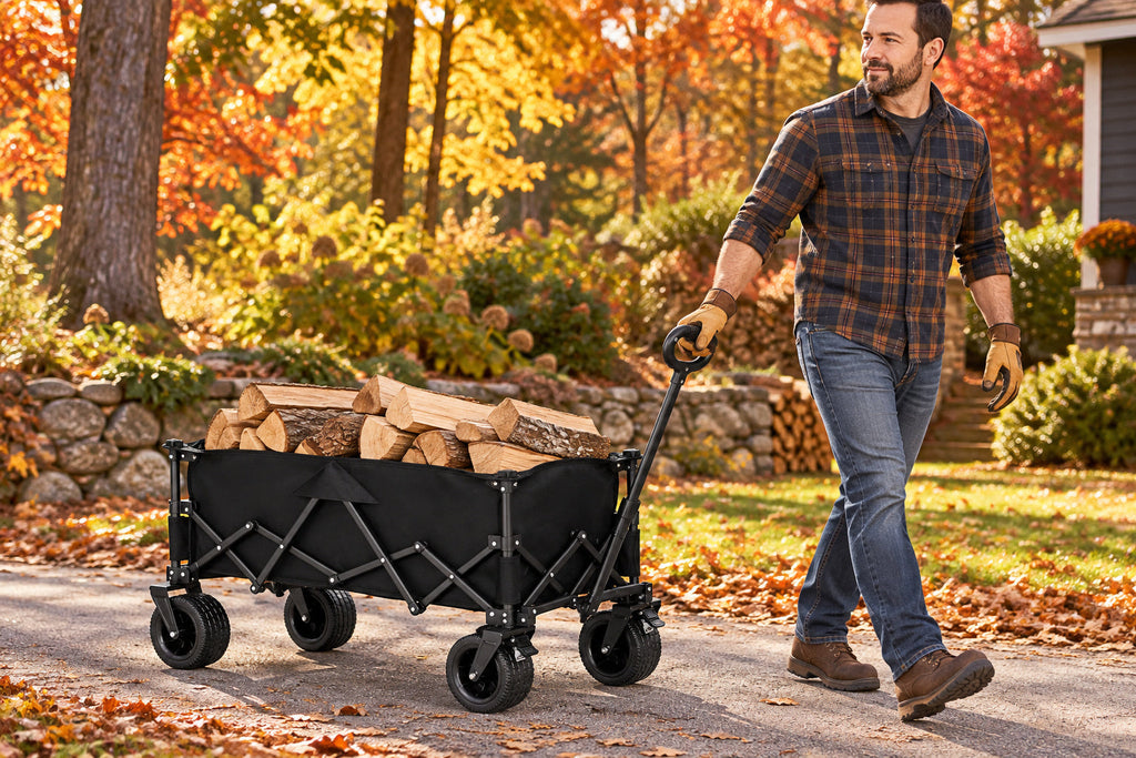 Finvizo firewood hauling wagon carrying split logs on a level autumn path