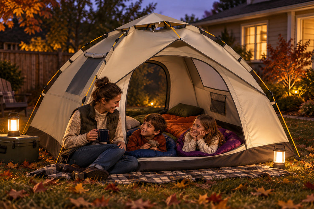 Finvizo pop up family tent for a fall night - backyard camping