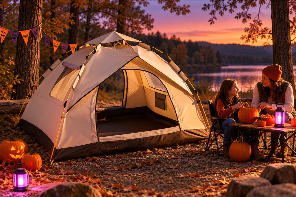 Finvizo instant tent at an LED-lit family campsite - halloween camping