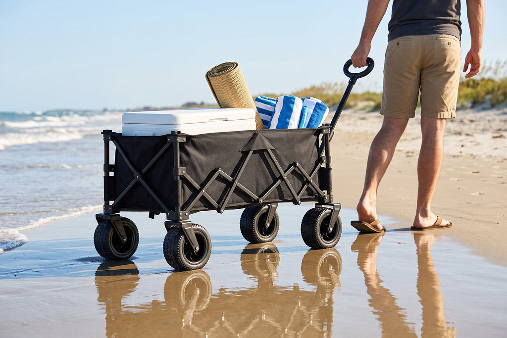 Finvizo 600 lb Collapsible Wagon Cart for mixed beach approach - are wide wheels better for sand and rough terrain?