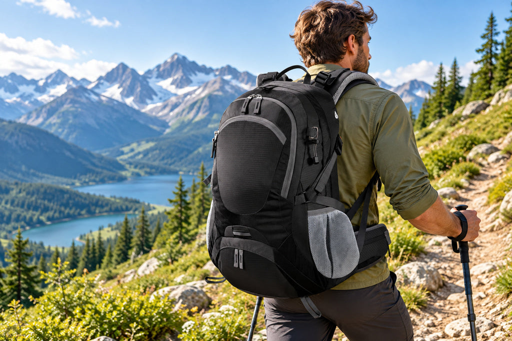 Finvizo water hydration backpacks guide with 45L hiking backpack on an alpine trail