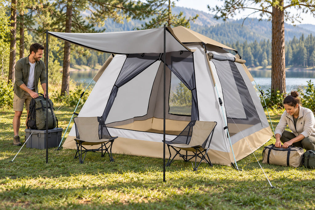 Finvizo Instant Cabin Tent with Porch for a family campsite - 3 room tent