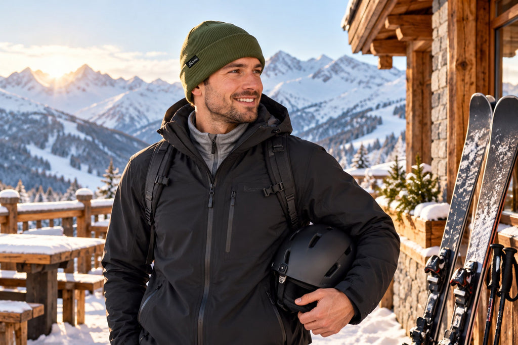 Finvizo ski beanie worn at a snowy ski lodge