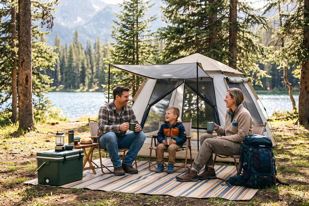 Finvizo tent with awning shading a family campsite