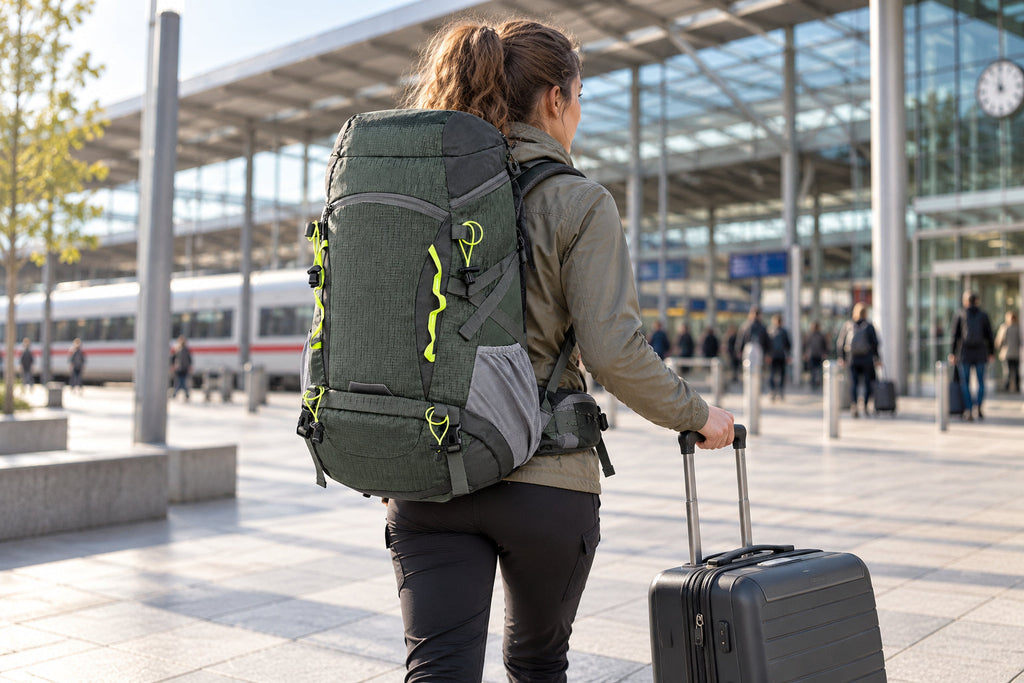 Finvizo 50L Camping Backpack carried separately while comparing a backpack with trolley sleeve
