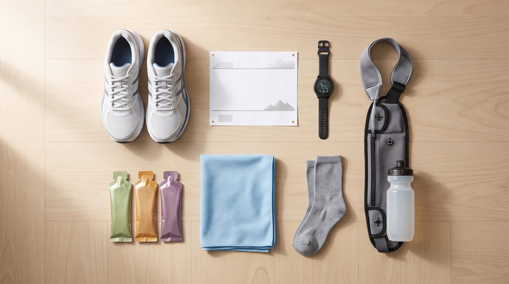 Marathon race-day gear flat lay with running shoes, race bib, GPS watch and cooling towel