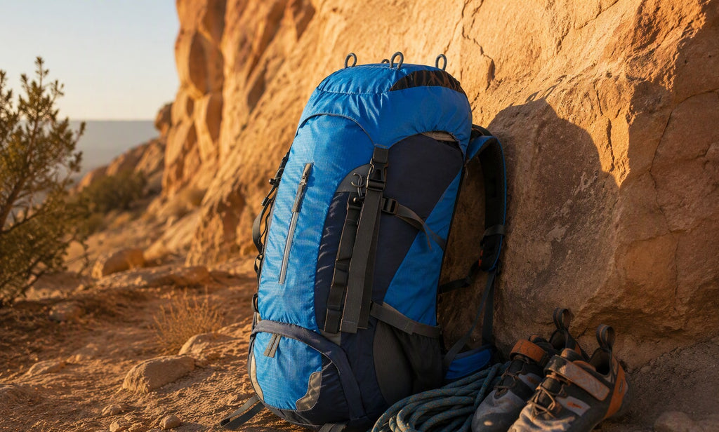Finvizo backpack with climbing gear at a sandstone crag - minimal gear for a climbing day trip
