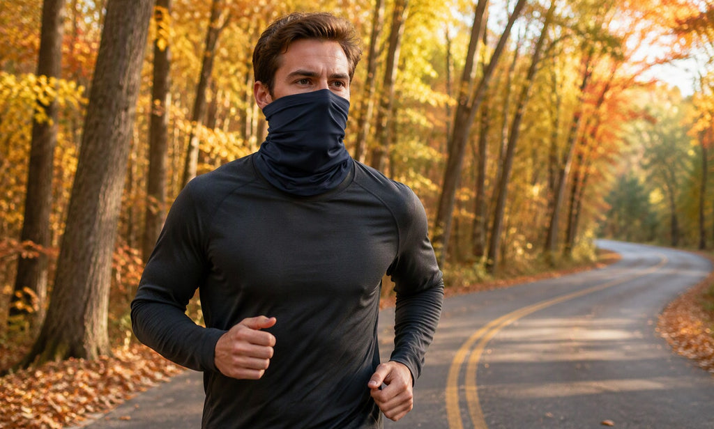 Runner wearing a Finvizo neck gaiter on a fall foliage road