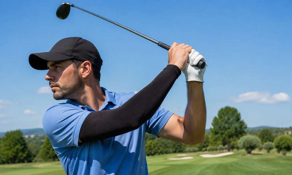 Golfer wearing a Finvizo sun protection arm sleeve on the course