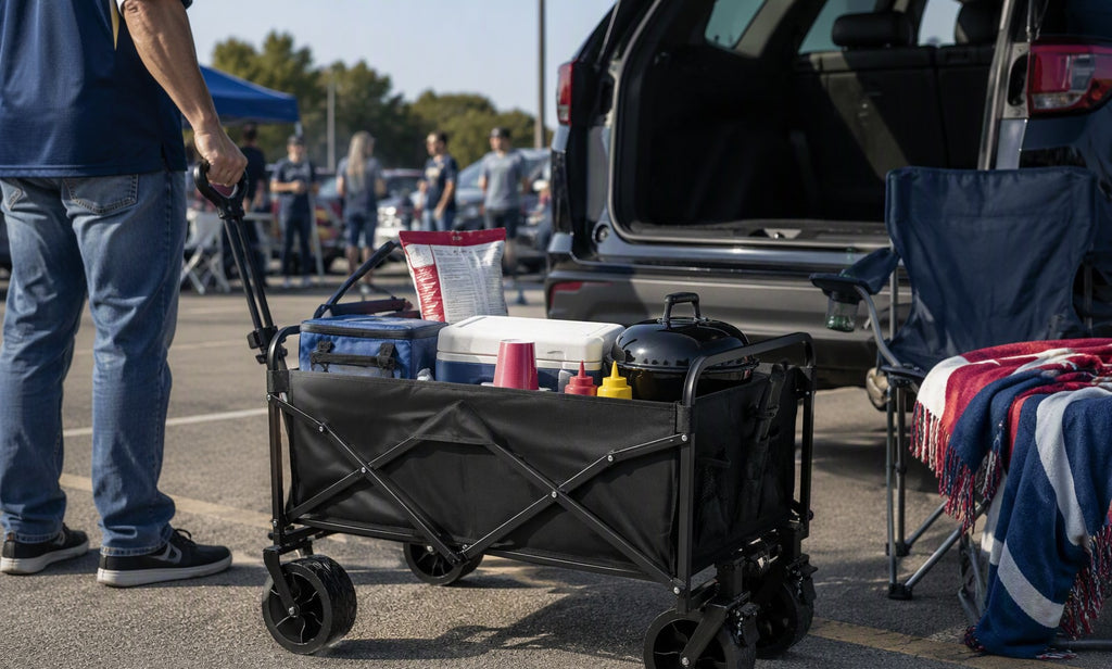 Tailgate party setup with a Finvizo wagon at a stadium parking lot