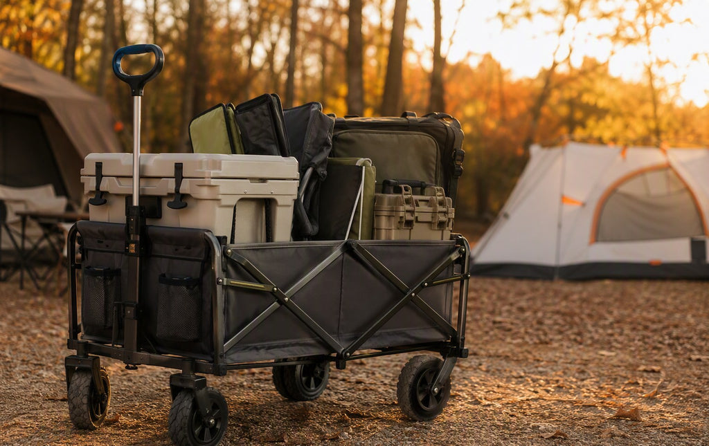 Finvizo folding wagon cart loaded with camping gear at autumn campground