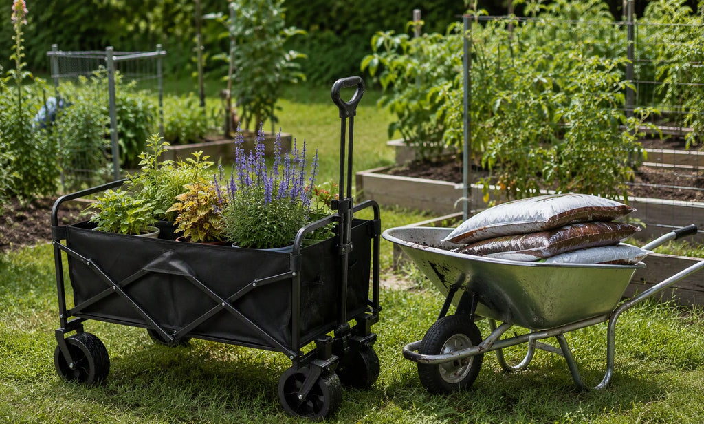 Finvizo folding wagon next to a wheelbarrow in a backyard garden