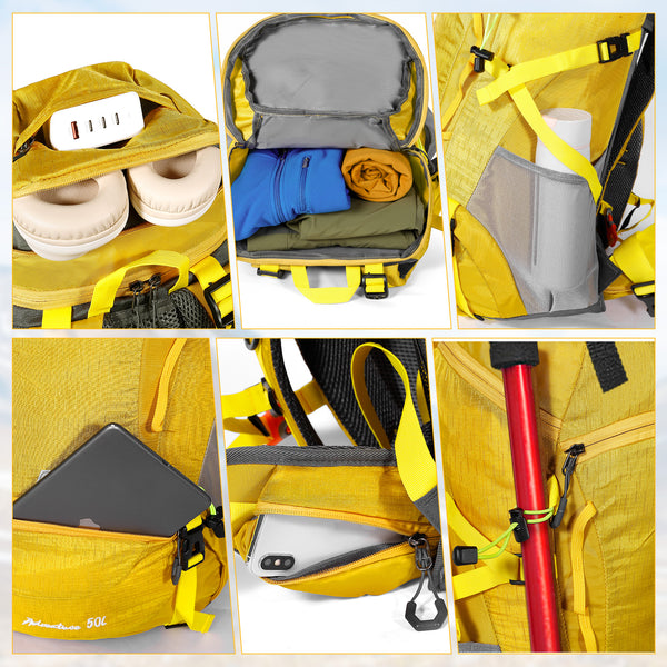 Finvizo 50L Camping Backpack with Rain Cover - Large Capacity Hiking Rucksack