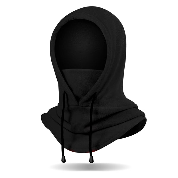 Black fleece balaclava hood with adjustable drawstrings, front view
