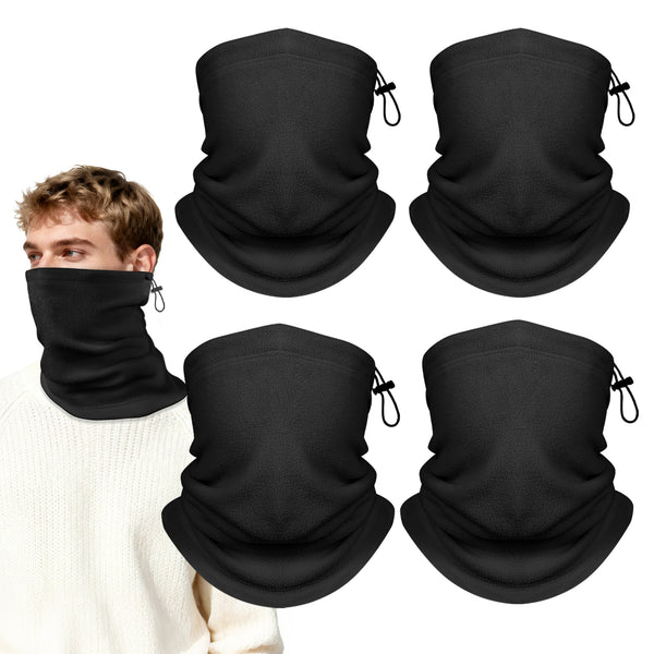 Black fleece neck gaiters 4 pack with model wearing one, adjustable winter neck warmers
