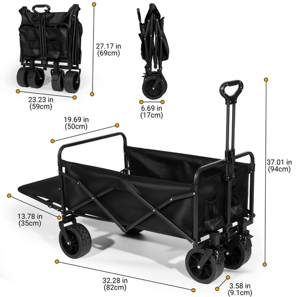 Foldable wagon cart with 46 inch extended tailgate for oversized gear and compact folding size camping cart fits in Tesla Model 3 trunk