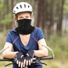 Woman wearing a black Finvizo cooling neck gaiter pulled up over her nose outdoors