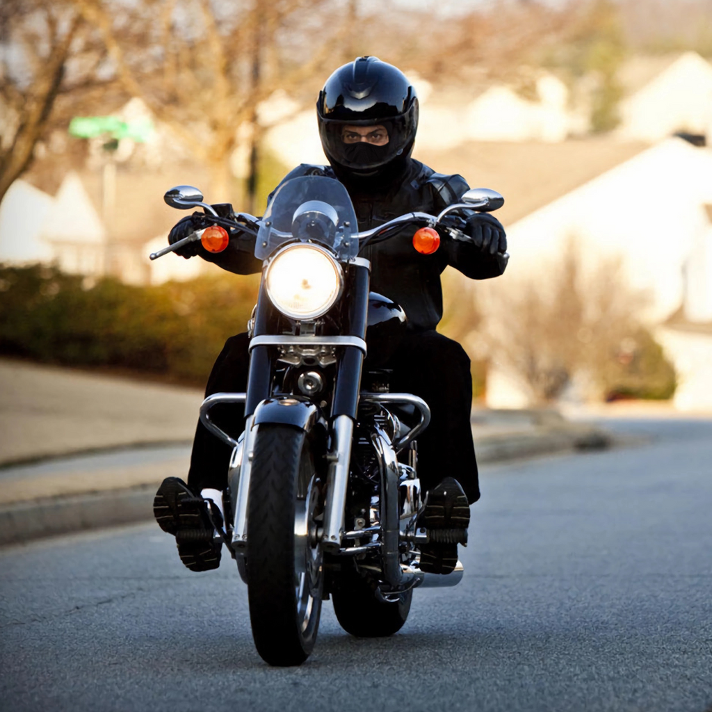 man riding motorcycle on open road wearing black Finvizo balaclava