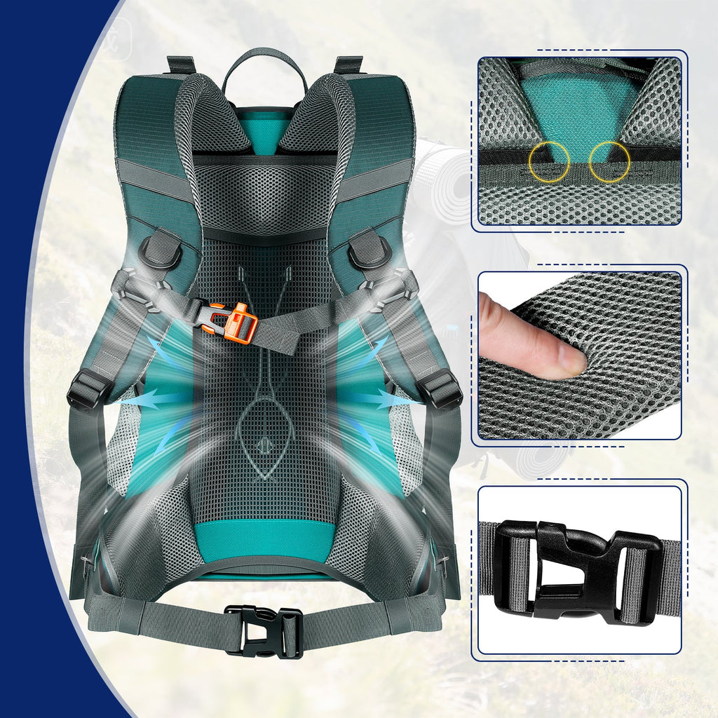Finvizo 45L hiking backpack with airflow frame, feature and compartment overview