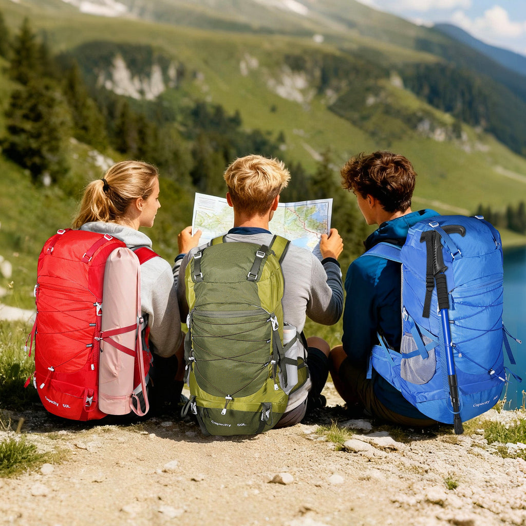 Three hikers wearing colorful Finvizo backpacks on a trail