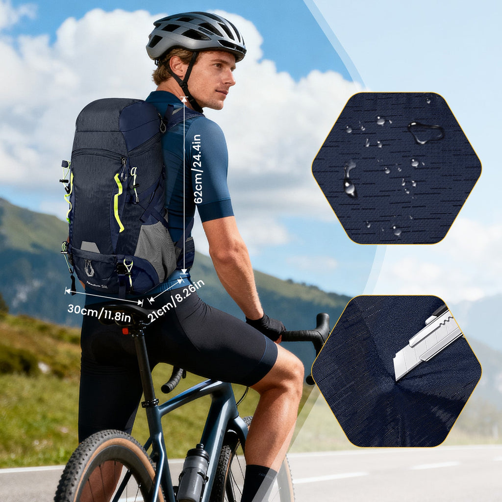 Cyclist wearing a Finvizo backpack on a mountain ride - mountain biking essentials
