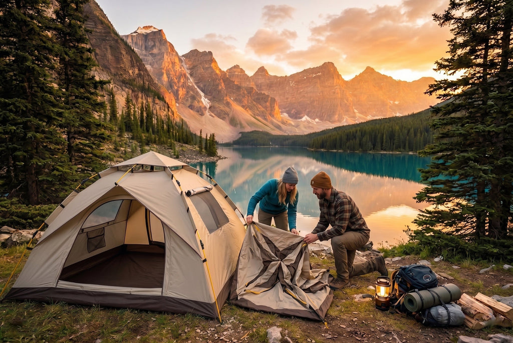 couple setting up 2 person tent at lakeside campsite during golden hour