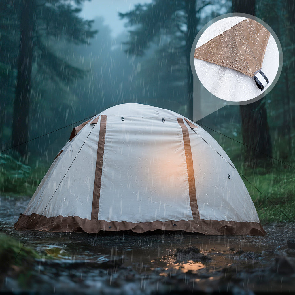 Finvizo backpacking tent pitched in rainy forest with groundsheet inset