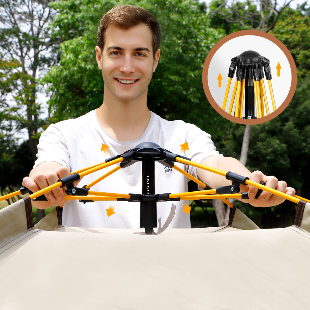 Camper demonstrating the instant pop-up mechanism of a Finvizo camping tent