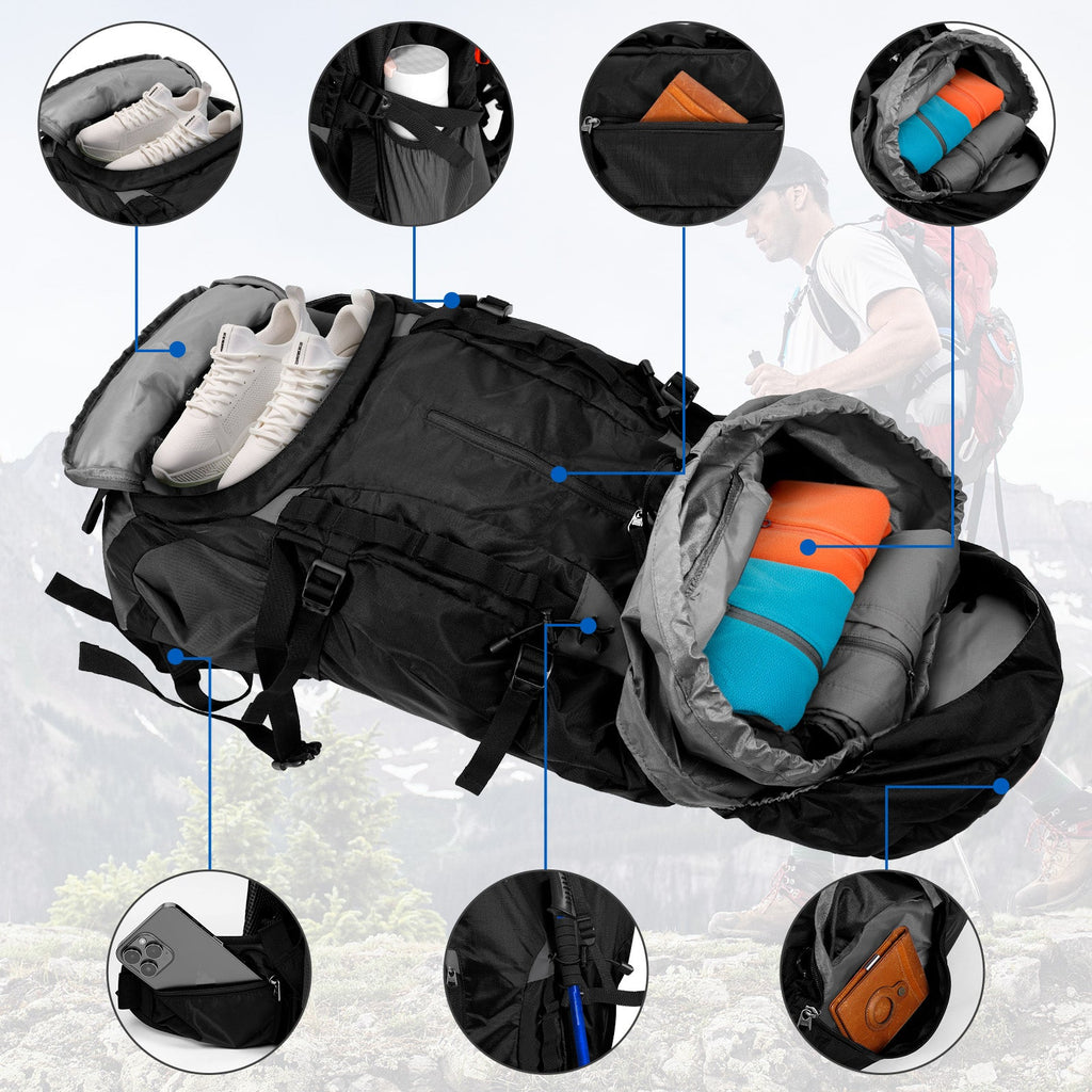 Finvizo 55L hiking backpack opened showing organized gear storage compartments