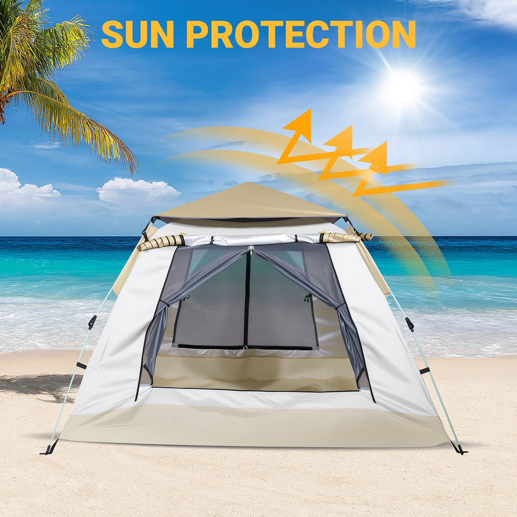 Finvizo instant cabin tent pitched on a sunny beach for sun protection
