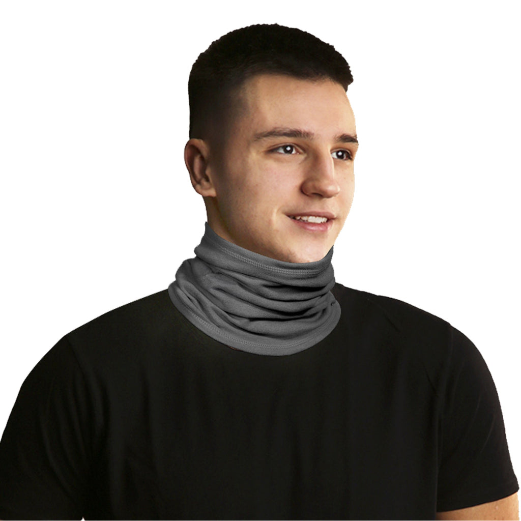 Finvizo gray fleece neck warmer worn around the neck