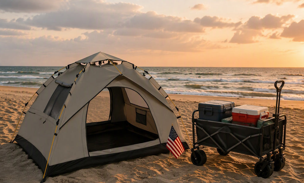 Finvizo tent and wagon on a July 4th beach campsite - beach camping essentials