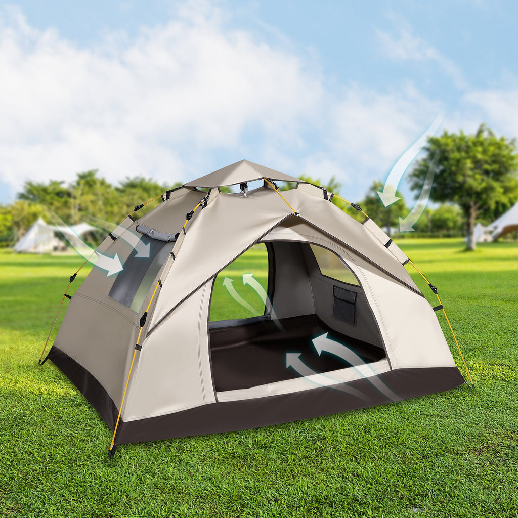 Finvizo pop up tent pitched on a grassy campsite