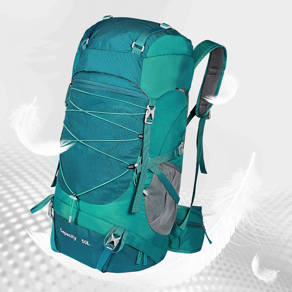 Hiker wearing Finvizo 50L ultralight backpack standing in alpine meadow
