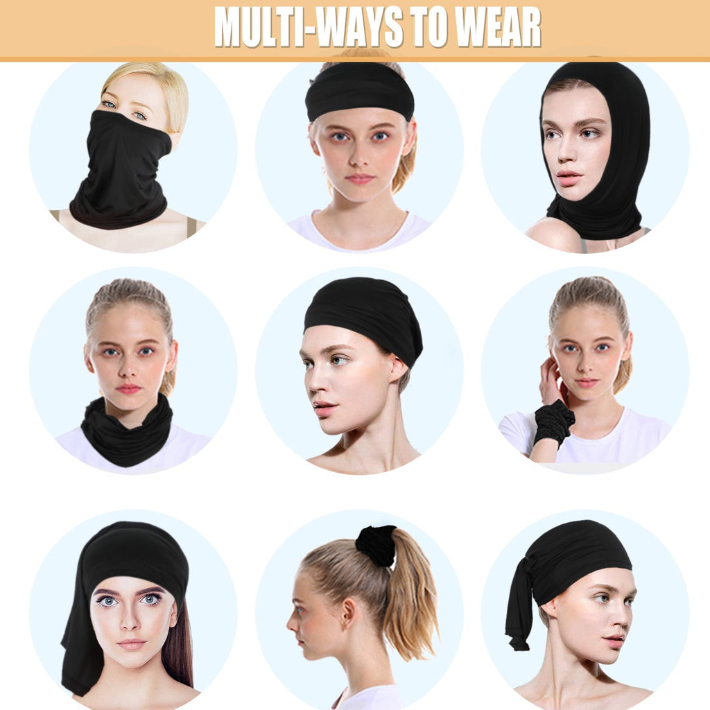 Runner demonstrating multiple ways to wear a neck gaiter as face cover, headband and neck scarf