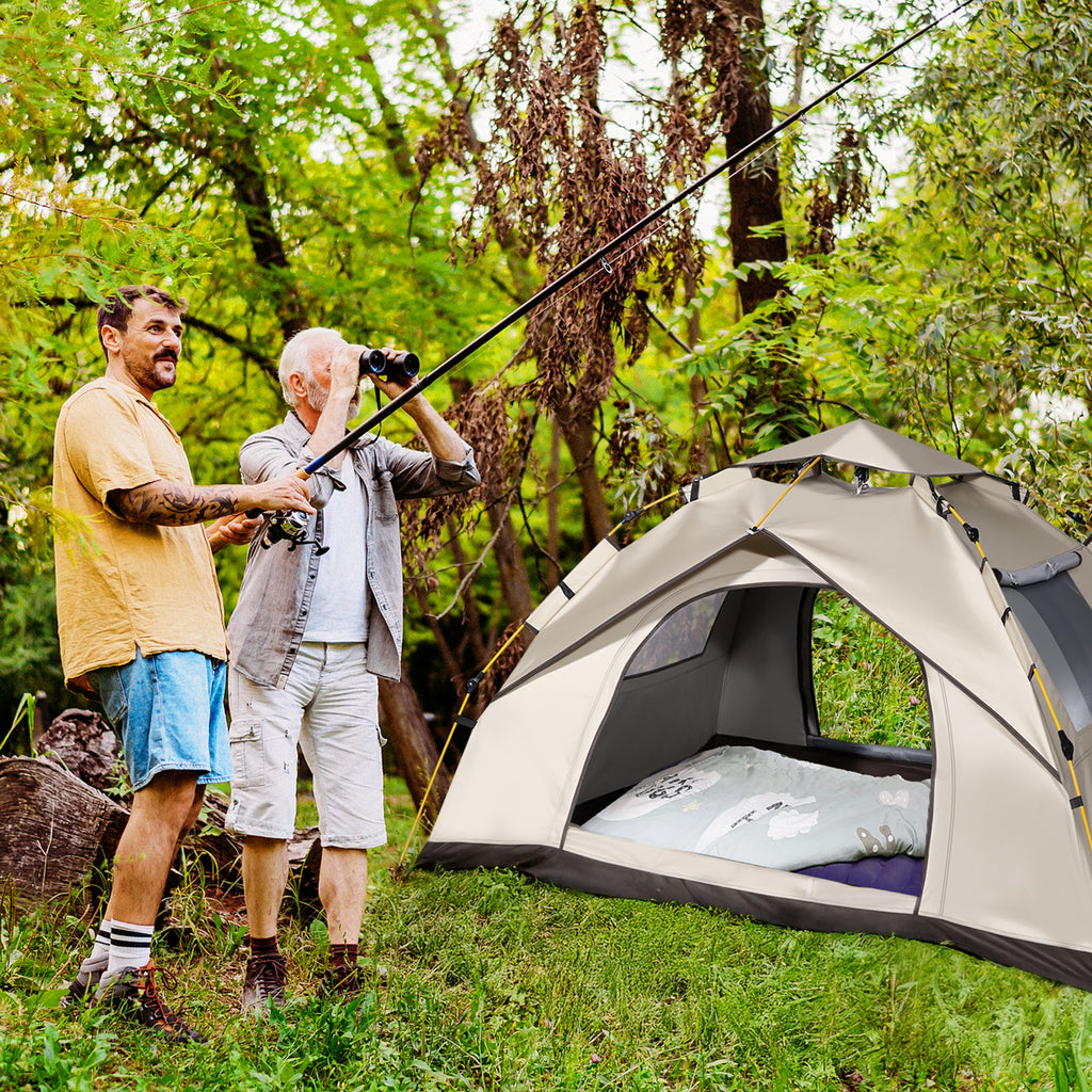 Two anglers fishing by a Finvizo instant pop up camping tent at the lakeside