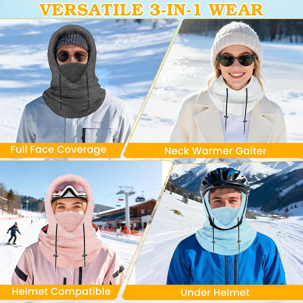Hikers wearing fleece balaclavas in snowy winter outdoor settings, showing versatile 3-in-1 wear