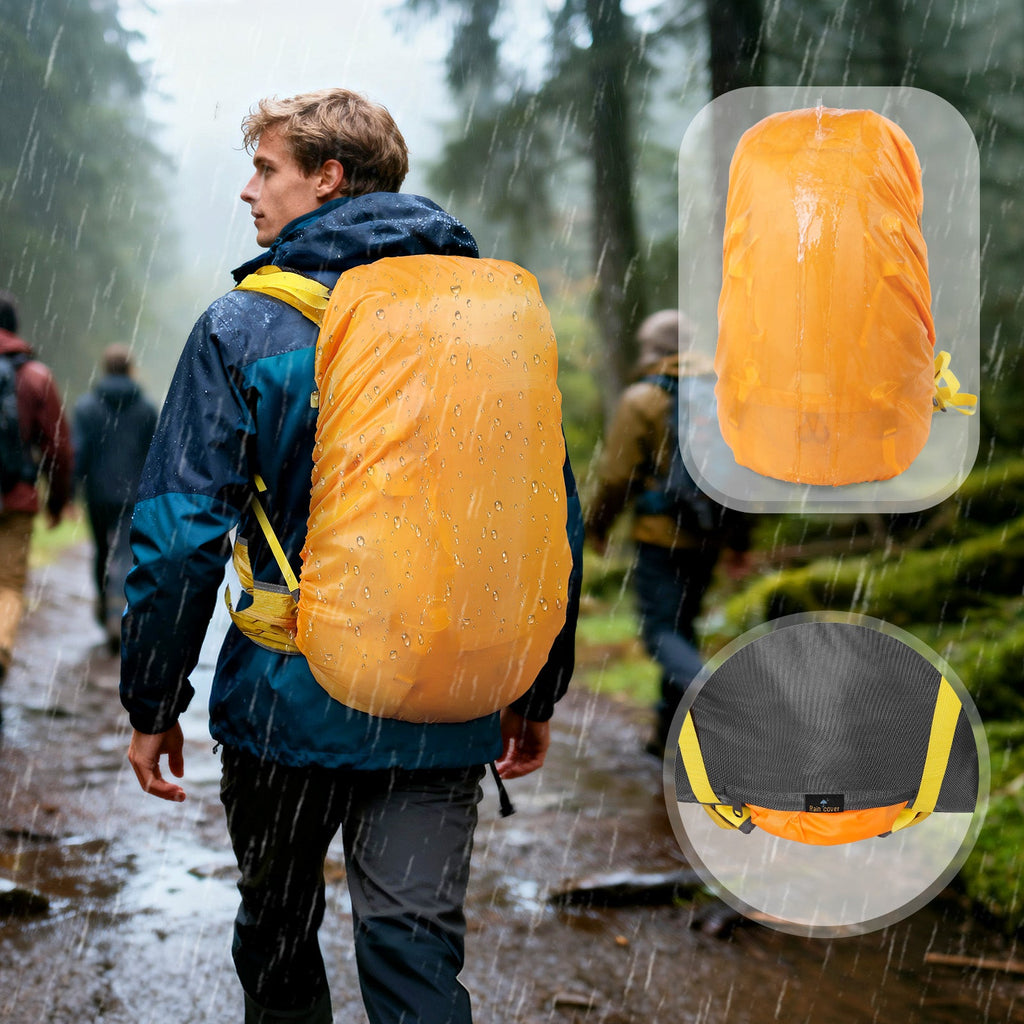 Hiker wearing a Finvizo 50L camping backpack with an orange rain cover in wet forest conditions