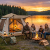 Finvizo family camping with easy set up tent at lakeside campsite