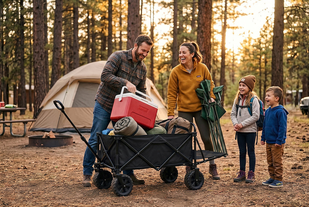 Finvizo family loading camping gear into collapsible off road wagon at sunny campsite
