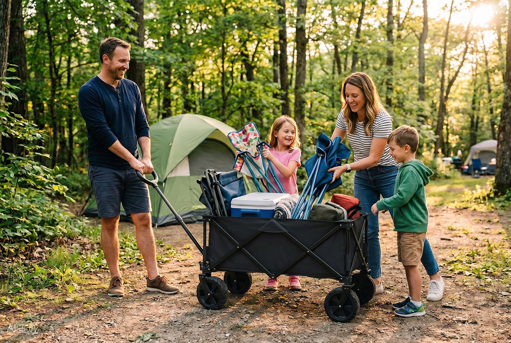 Finvizo collapsible wagon loaded with camping gear at family campsite