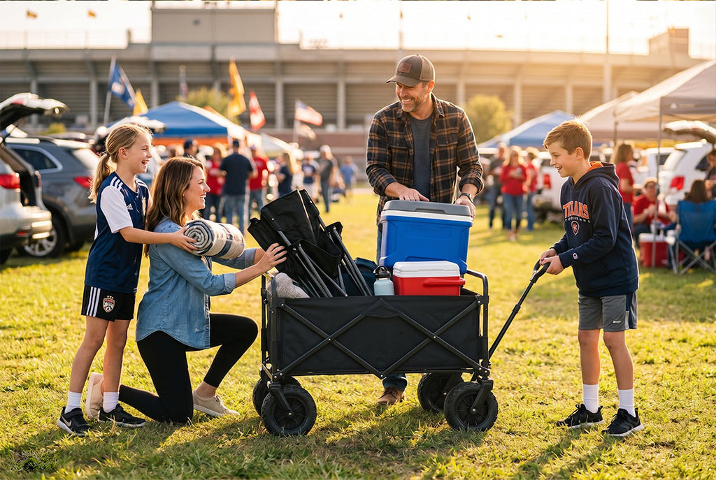 Finvizo collapsible wagon loaded with sports gear at family tailgate event