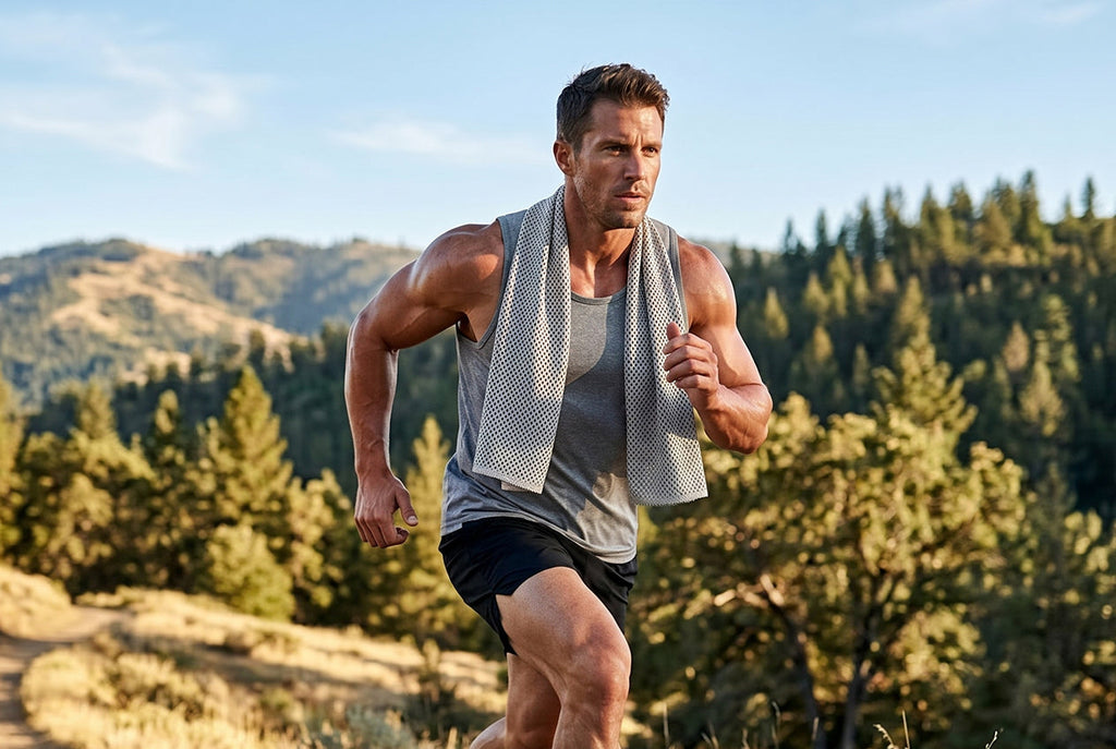 Athlete wearing Finvizo cooling towel on neck during hot outdoor summer run