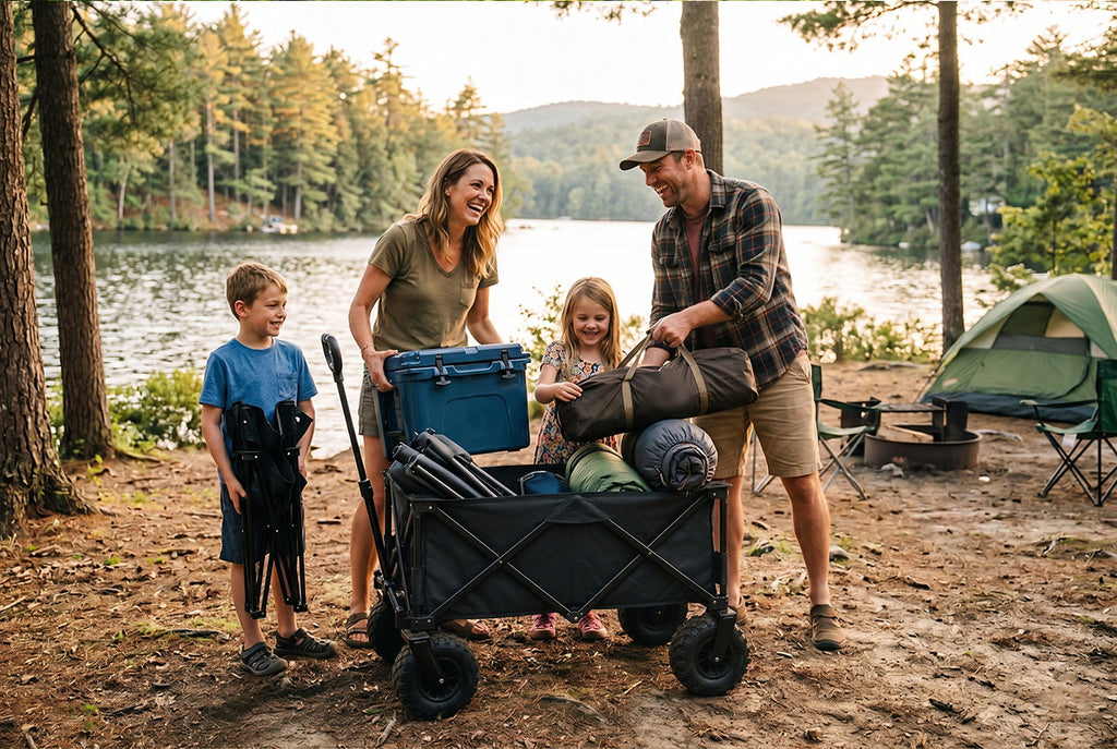 Finvizo family loading camping gear into collapsible wagon at sunny campsite