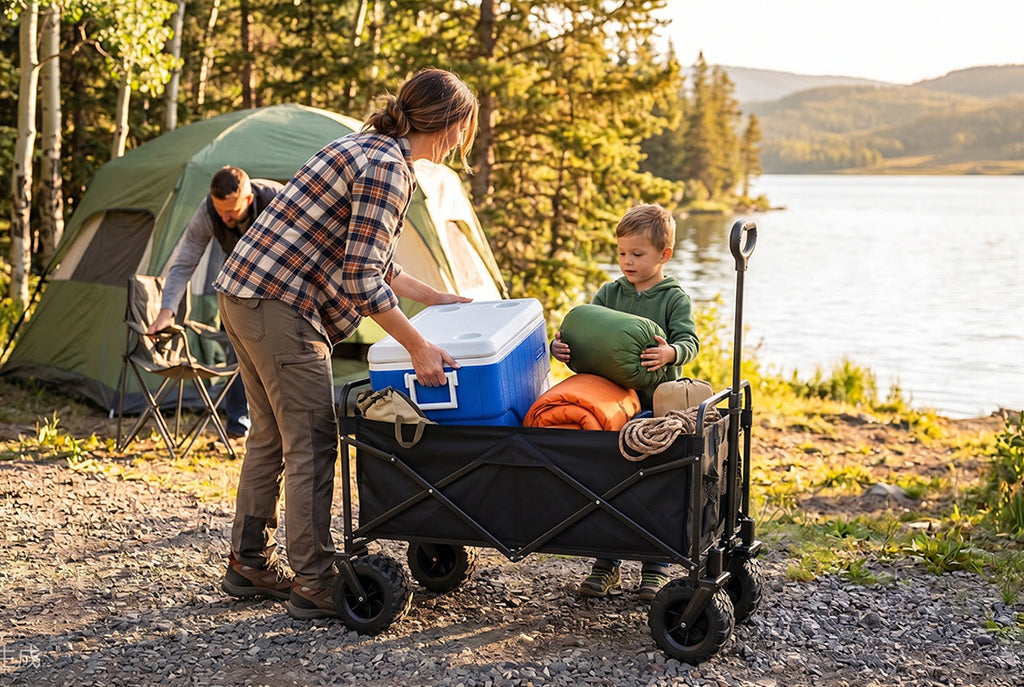 Finvizo folding wagon at a family campground with gear loaded