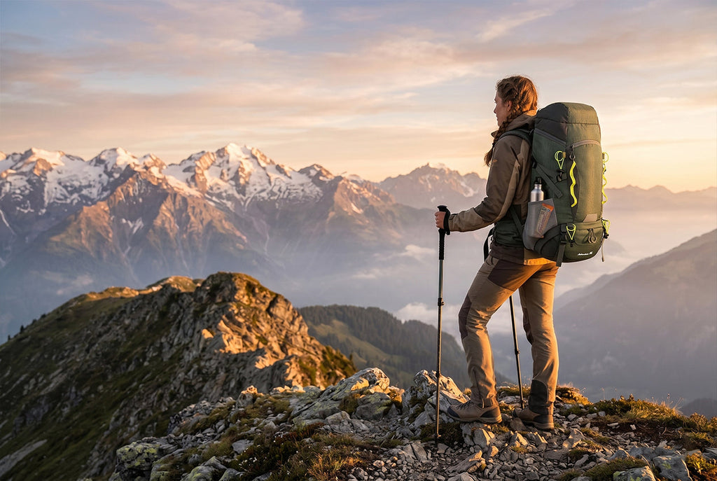 Finvizo hiker with 50L backpack on mountain summit at golden hour - outdoor adventure gear