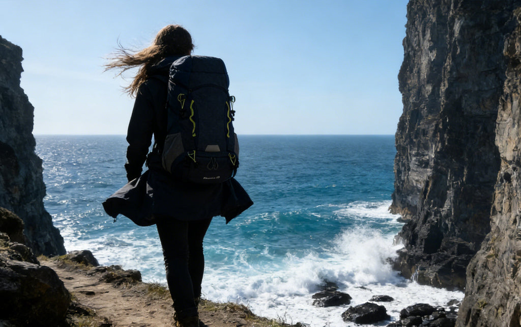 Finvizo hiker with best hiking backpack on mountain trail at golden hour
