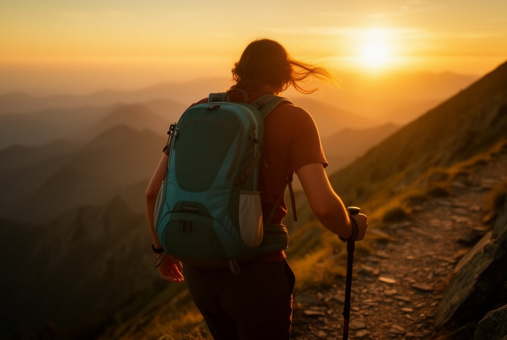 Finvizo hiking backpack on mountain trail with panoramic summit view